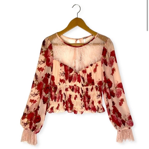 Free People Revolve Daphne Blouse Size L Pink Romantic Combo Smocked Long Sleeve - Picture 3 of 3